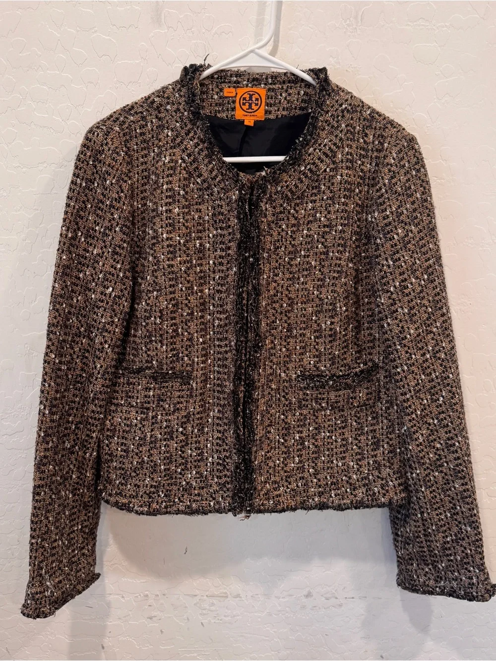 Tory Burch Brown Multi Tweed Fringe-Trim Cropped Jacket Womens 14 Metallic